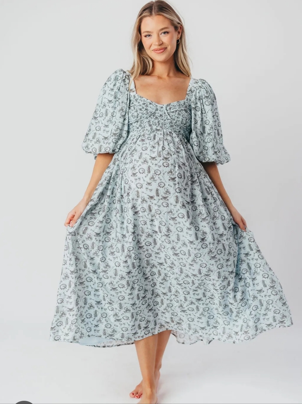 Light Blue Printed Smocked Waist Women's Dress